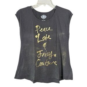 Peace Love & Juicy Couture 2010s Vintage Shirt Size Small Grey Gold Metallic